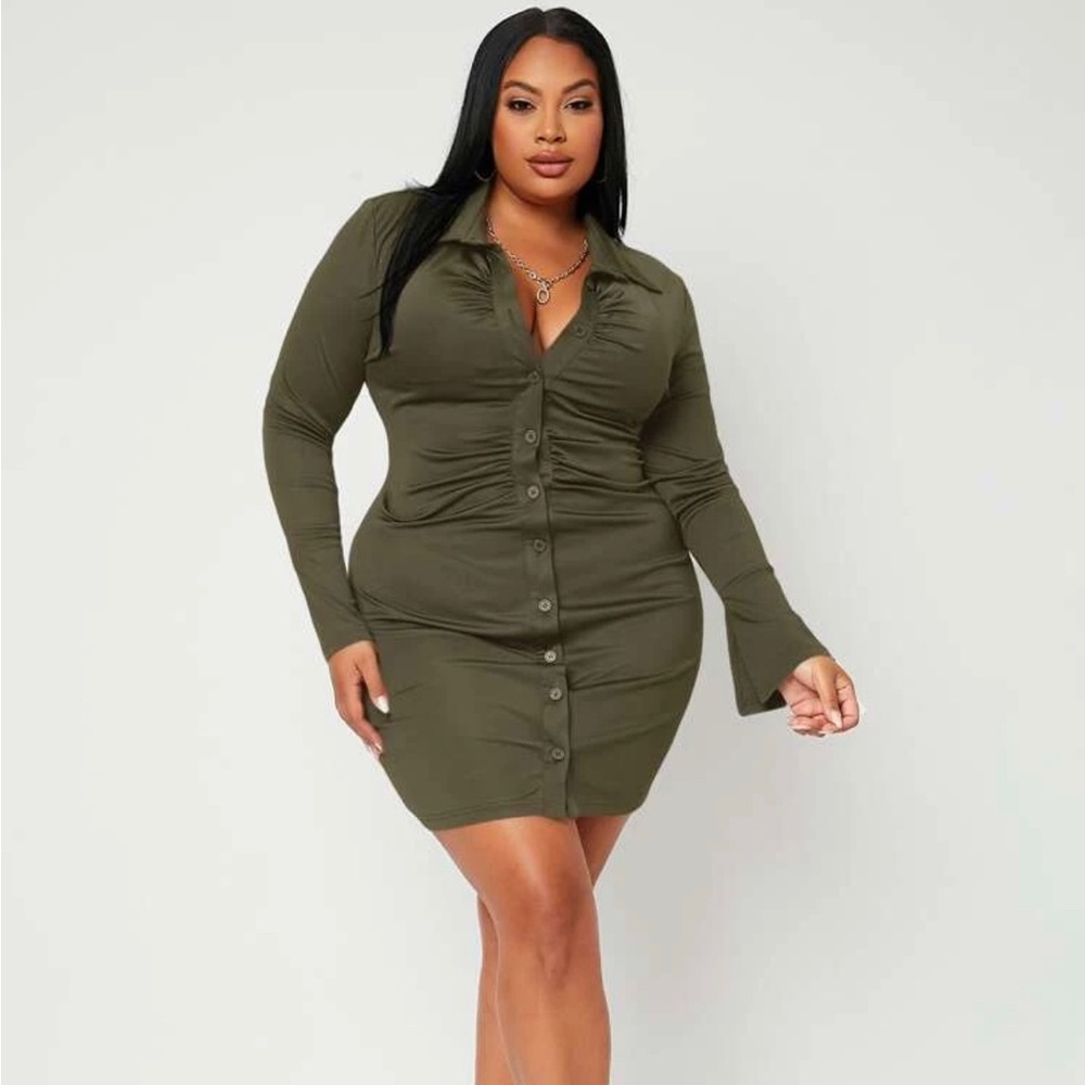 *NEW* Green Button Down Long Sleeve Dress - Shein - Size Large